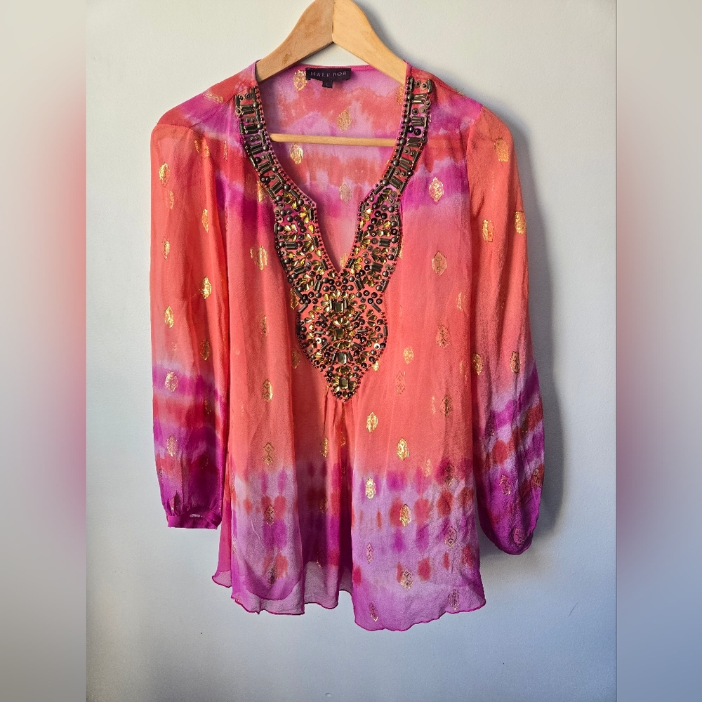 HALE BOB Pink Semi-sheer Silk Blouse With Beaded Neckline